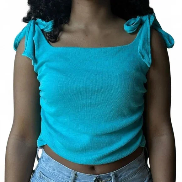 Free People Boulevard Bow Tie Strap Ruched Sides Cotton Rib Tank Top Aqua Size L - Picture 3 of 9